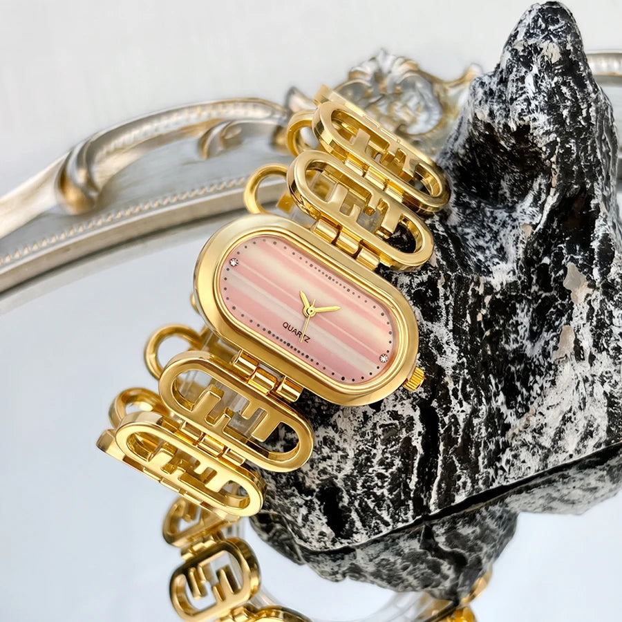 Designer Flat Oval Dial Double-F Chain Bracelet Fashion Watch for Women