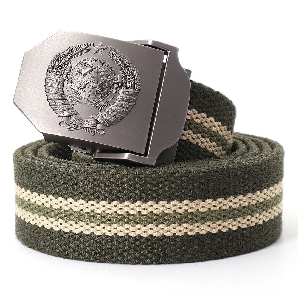 Mens Canvas Outdoor Tactical Army Belt 3D Soviet National Emblem Metal Buckle Unisex Jeans Belt for Men Military Training Belts