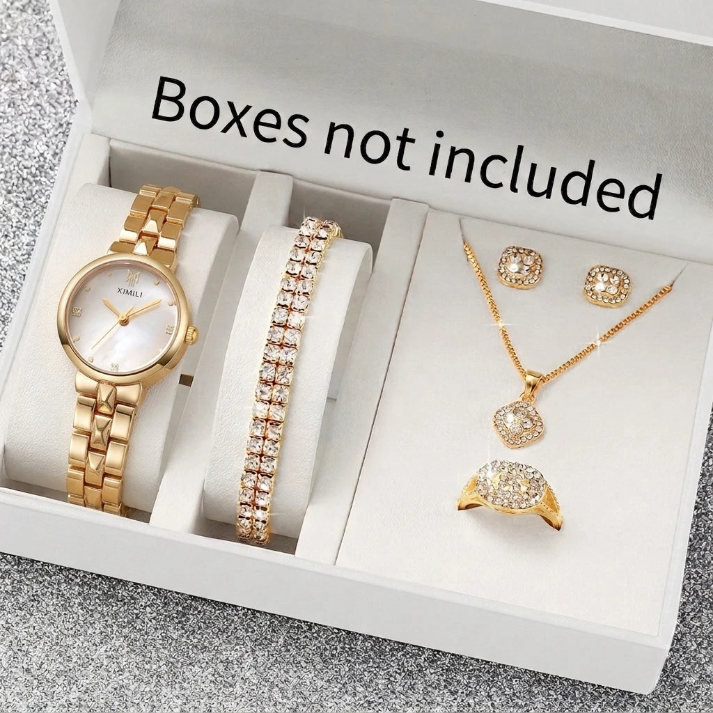 6PCS Elegant Rhinestone Women Quartz Watch Jewelry Set Ladies Bracelet Strap Wristwatches Relogio Feminino Clock（Without Box）