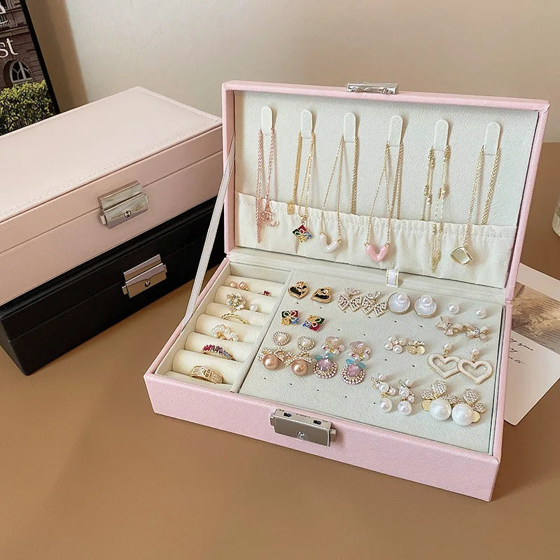 Large Square Jewelry Box Solid Color Leather Lock Boxes Earrings Necklace Bracelet Storage Display Boxes Travel Portable N