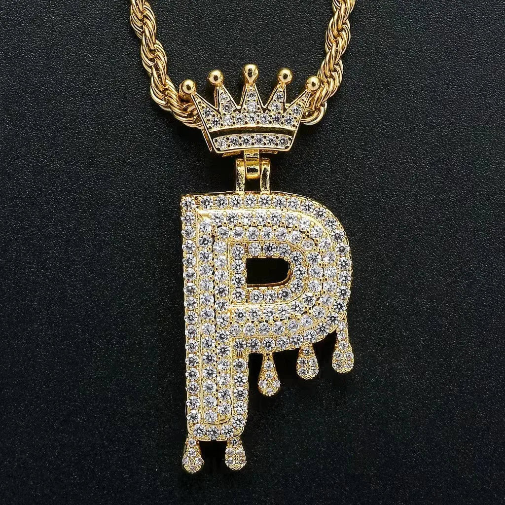 Hip Hop Iced Out Bling Cubic A-Z Drip Crown Zircon Initial Letters Necklaces Pendant Necklace Chain Men Jewelry with Rope Chain