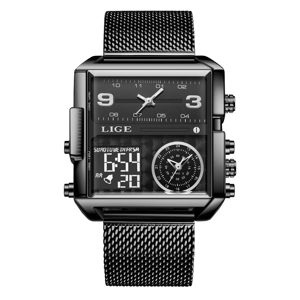 LIGE New Top Brand Luxury Fashion Men Watches Gold Steel Sports Square Digital Analog Big Quartz Watch for Man relogio masculino