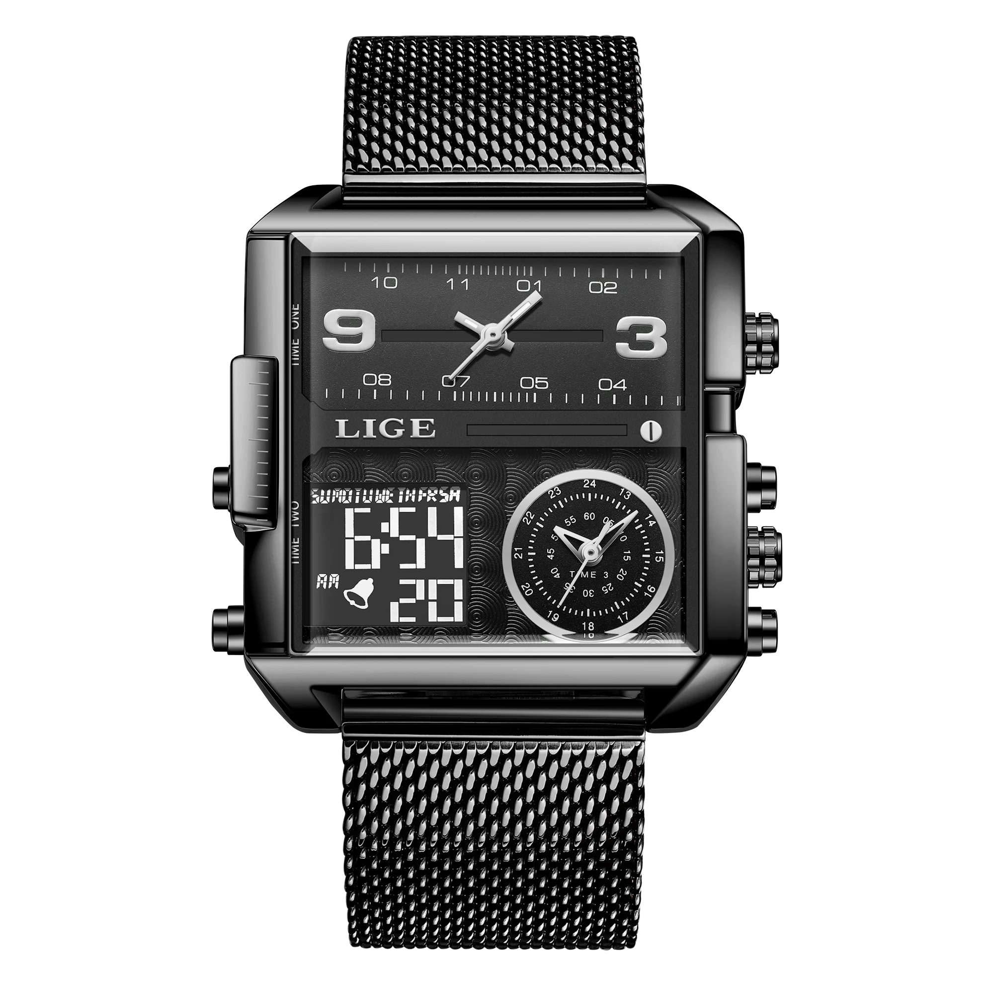 LIGE New Top Brand Luxury Fashion Men Watches Gold Steel Sports Square Digital Analog Big Quartz Watch for Man relogio masculino