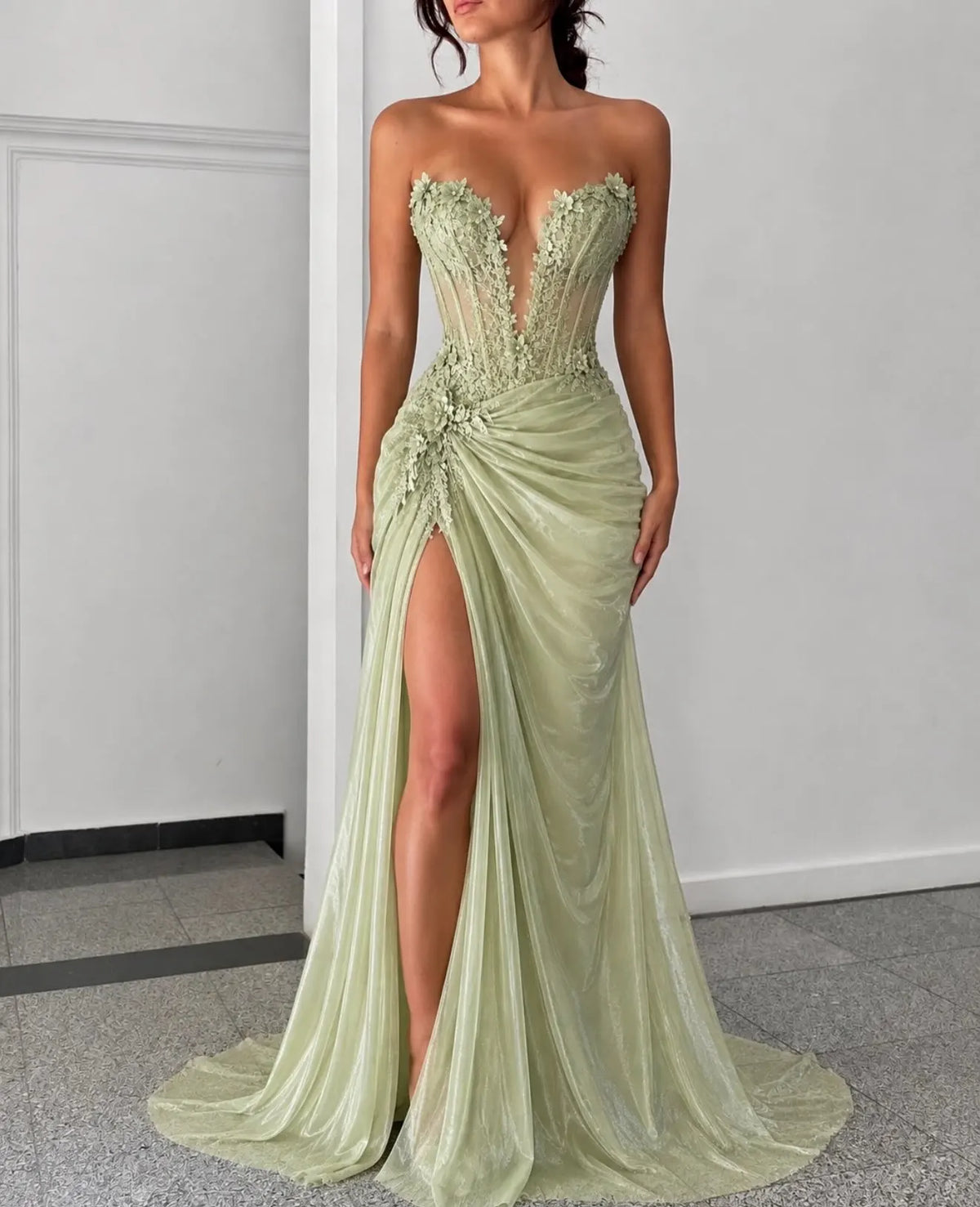 Mila Custom Sage Green Strapless Deep V Neck 3D Floral Sheer Corset High Slit Prom Dress Long Train Formal Evening Party Gown
