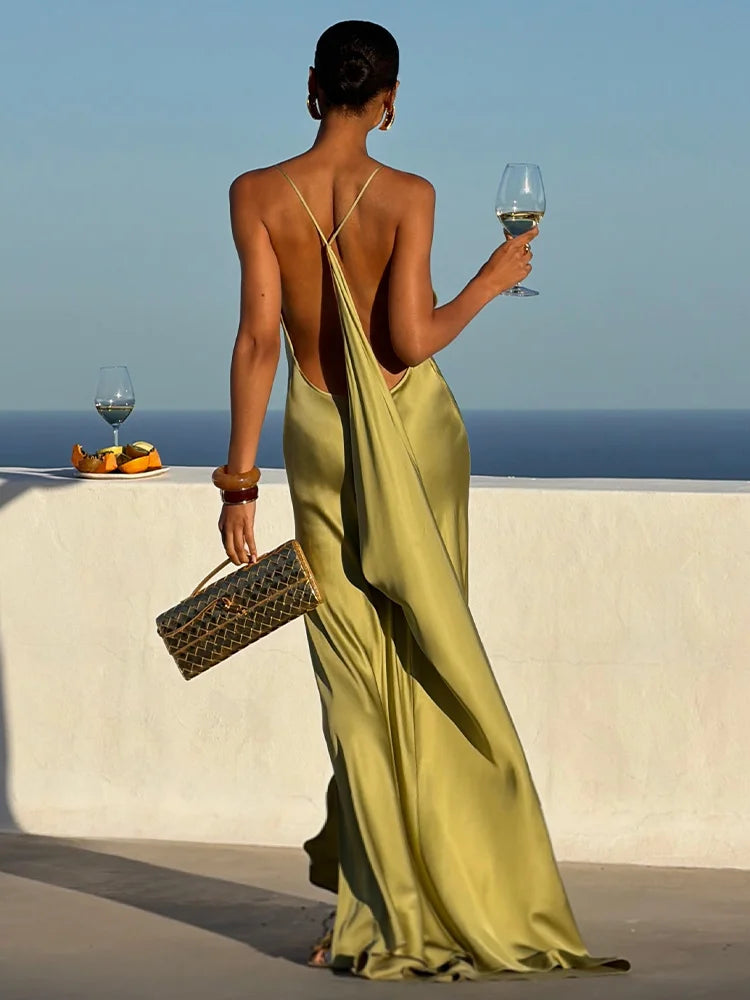 Elegant Solid Women's Dress Side Split Backless V-Neck Hip Package Lady Long Dresses 2026 Summer Autumn Female Party Robe