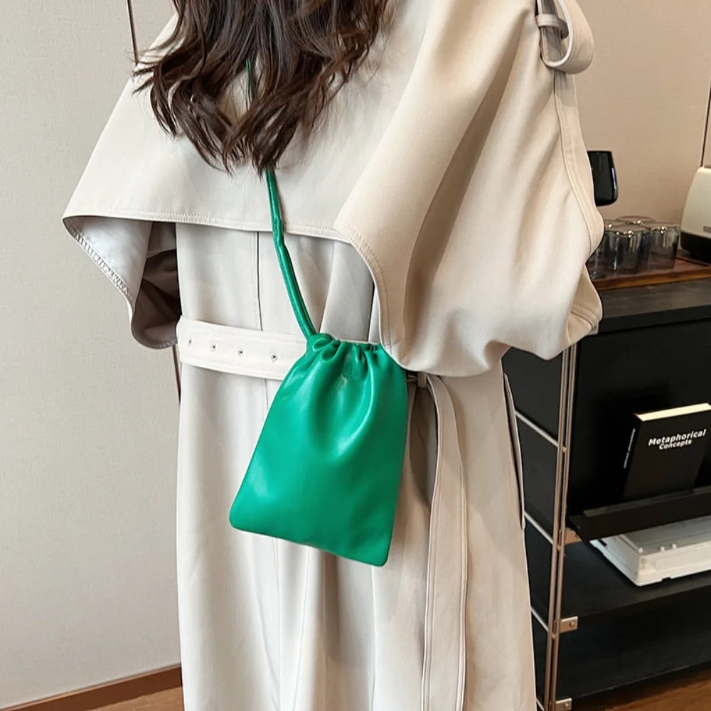 Portable Pu Leather Women Handbags Solid Flap Large Capacity Crossbody Bags Candy Color Mini Bucket Bag