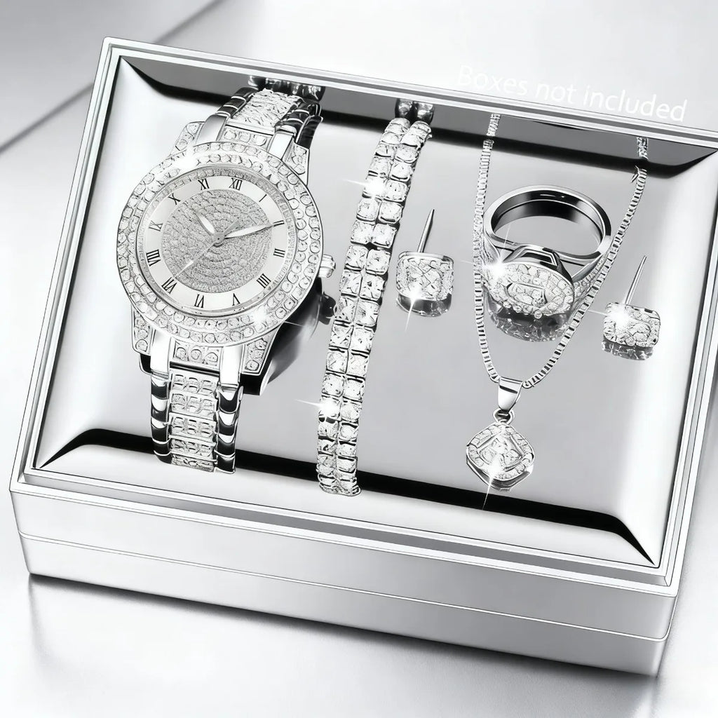 Women Rose Gold Diamond Watch 6Pcs Jewelry Set Necklace Earrings Bracelet Ring Luxury Gift For Her