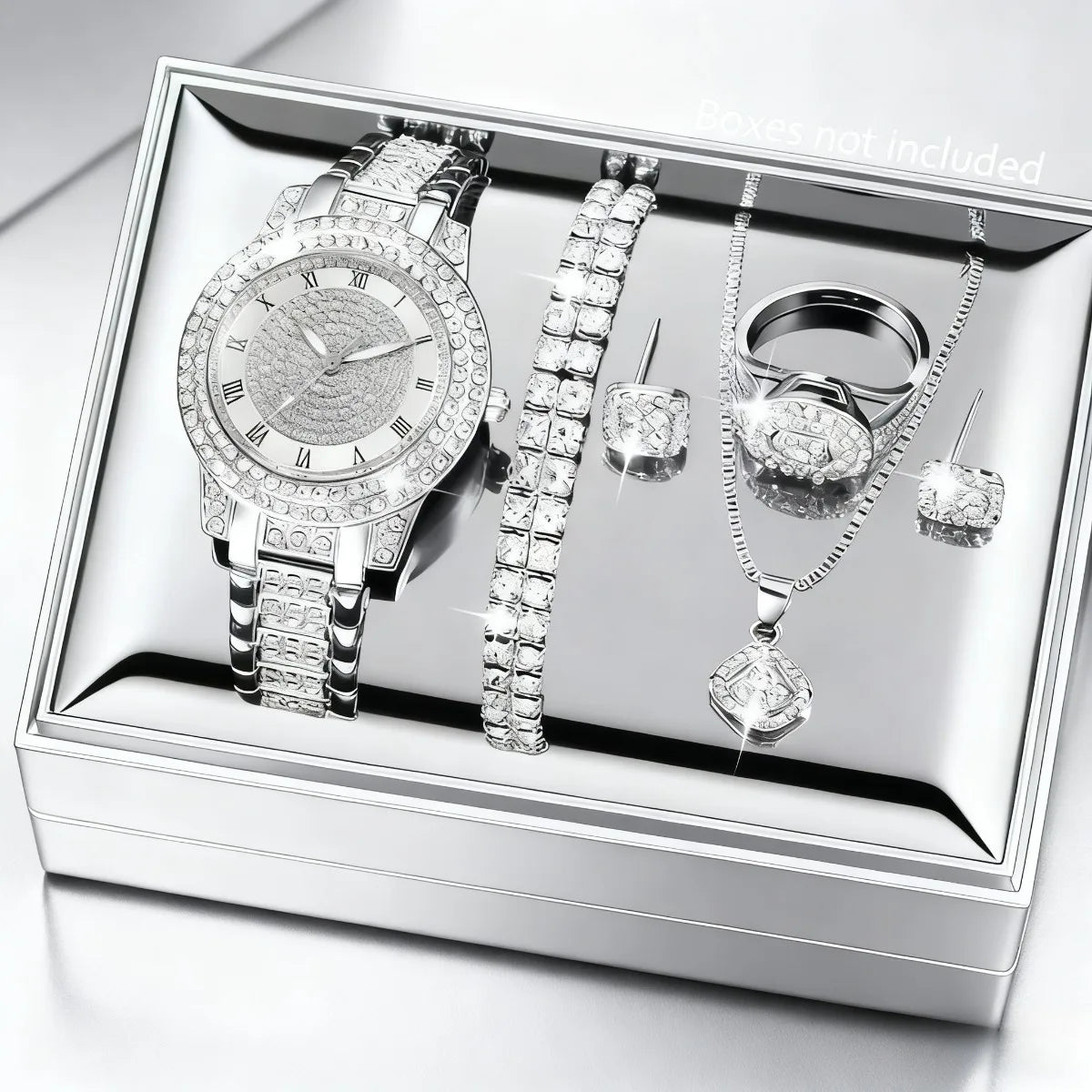 Women Rose Gold Diamond Watch 6Pcs Jewelry Set Necklace Earrings Bracelet Ring Luxury Gift For Her