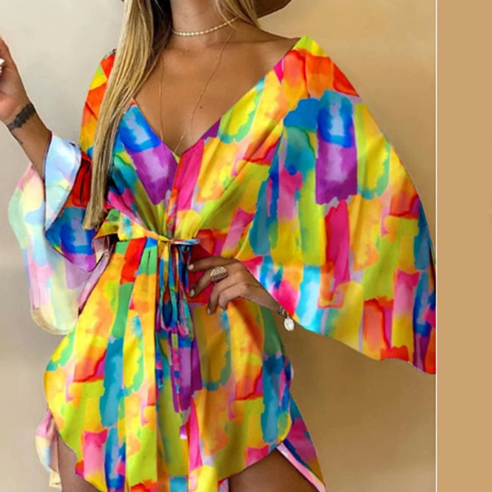 Sexy V Neck Long Batwing Sleeve Floral Print Loose Asymmetrical Dress Summer Women Irregular Leaf Print Party Boho Dresses