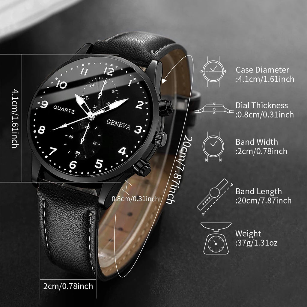 5PCS/Set Men's Business Watches Fashion Arabic Dial Leather Band Quartz Watch Bracelets Set（Without Box）