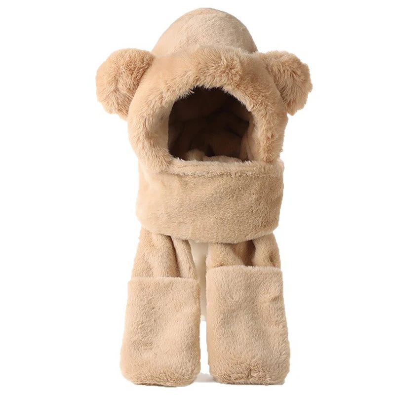 Winter Warm Plush Fleece 3-in-1 Bear Ear Hooded Cap Scarf Gloves Set Windproof Outdoor Accessories for Cold Weather