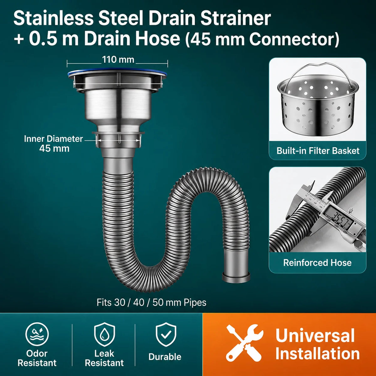 Universal Flexible Kitchen Sink Drain Pipe Anti-Odor Sewer Hose Extension Tube for Mop Pool Laundry Sink Accessories
