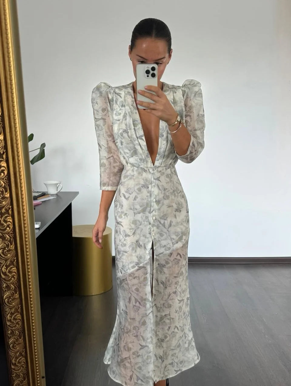 Women Floral Print Short Sleeve Maxi Dress Fashion V-neck Ruffle Trim Belted Slit Hem Dresses Casual Lady Daily Vacation Gowns