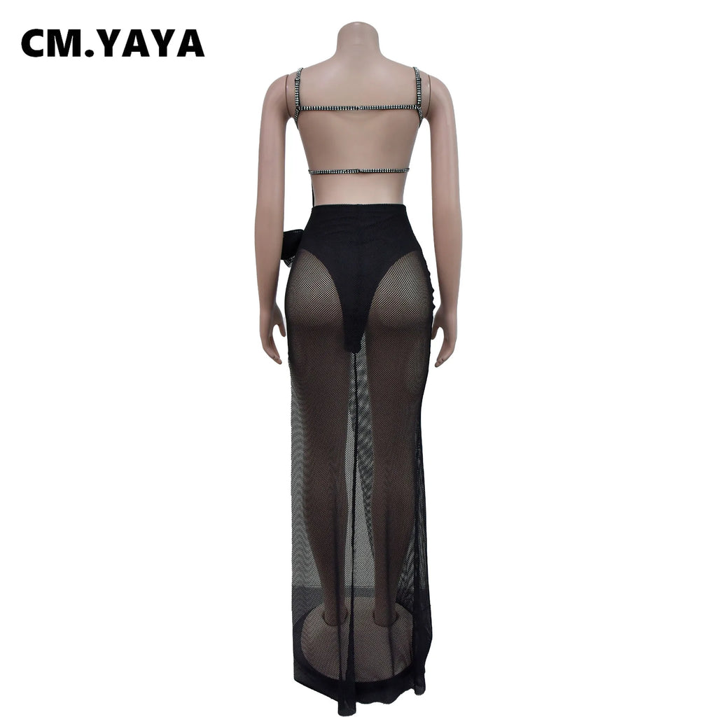 CM.YAYA Women Spaghetti Strap Diamonds Hot Rhinestones High Side Split Mesh Maxi Dress 2024 Sexy Club Even Party Dresses Vestido