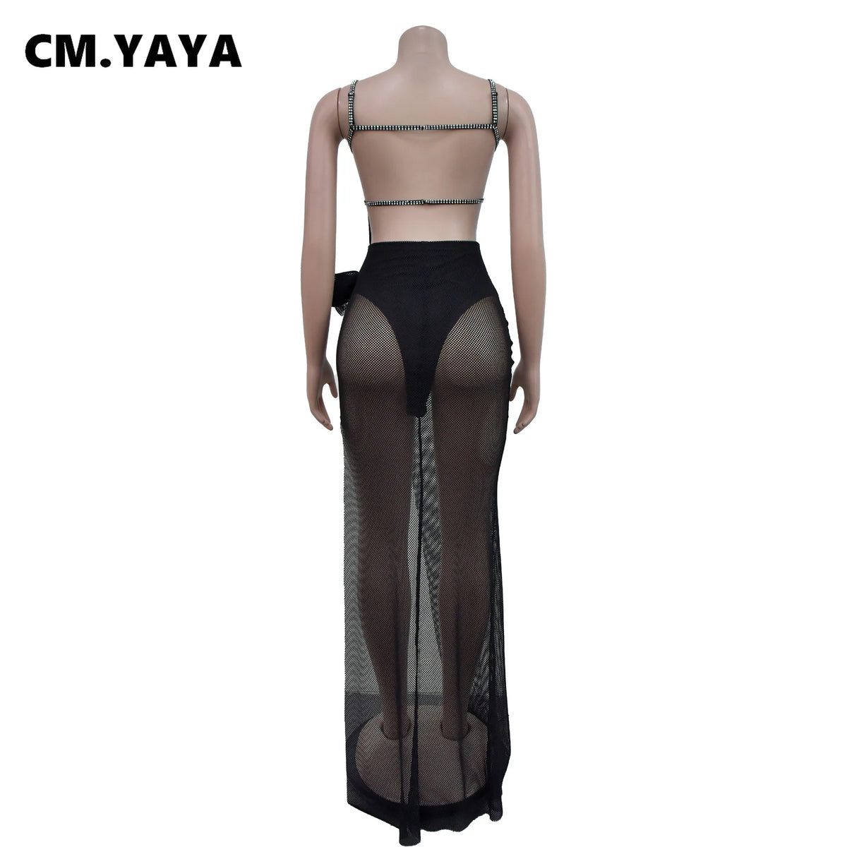 CM.YAYA Women Spaghetti Strap Diamonds Hot Rhinestones High Side Split Mesh Maxi Dress 2024 Sexy Club Even Party Dresses Vestido