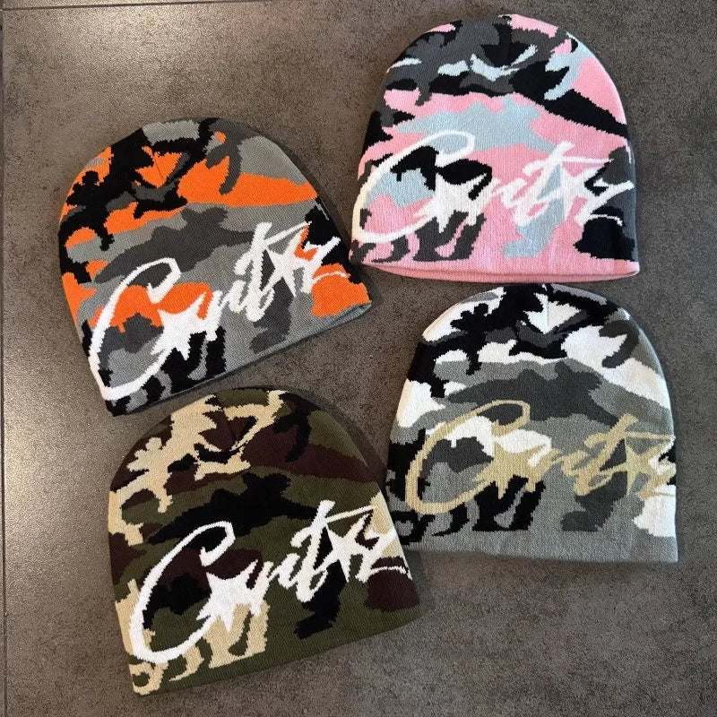 1pc Camouflage Jacquard Knit Beanie Unisex Graffiti Letter Star Pattern Skull Cap Hip‑Hop Street Style Warm Winter Knitted Hat