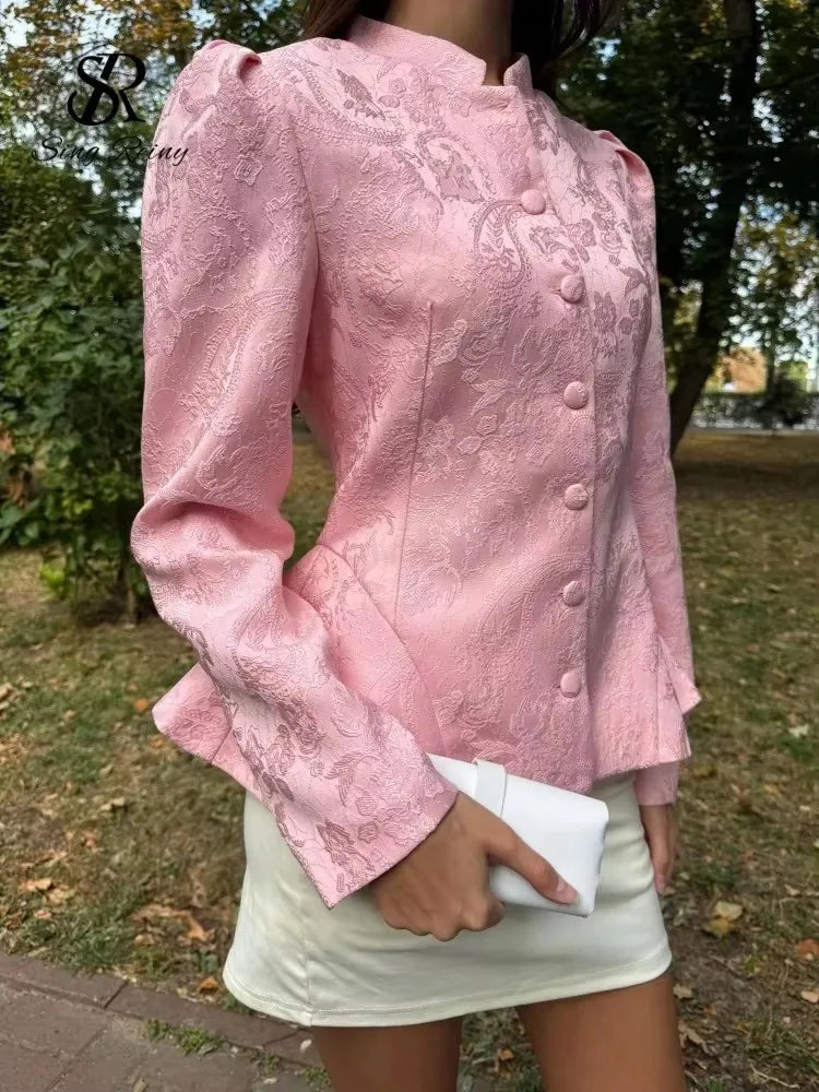 SINGREINY Jacquard Senior Blazer Autumn Stand Neck Full Sleeve Single Breast French Retro Coat Female Office Lady Slim Outerwear