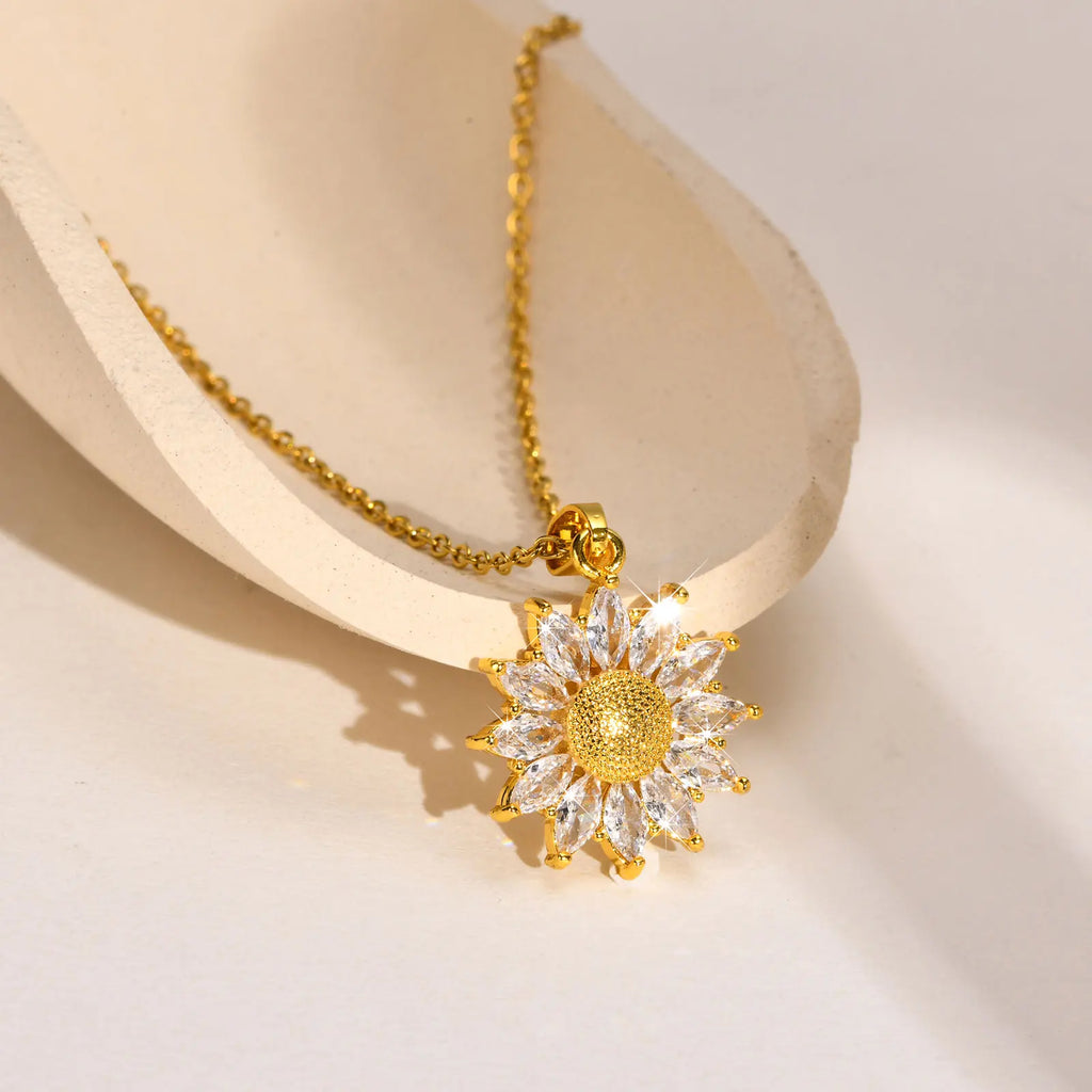 Stainless Steel Spiral Sun Flower Pendant Necklace for Women 18K Gold Plated Stackable Boho Necklace Waterproof Fashion Jewelry