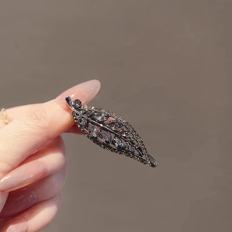 Exquisite Hollow Leaf Rhinestone Hairpin High-end Women's Side Clip Metal Duckbill Clip Simple Korean Style Hair Accessories
