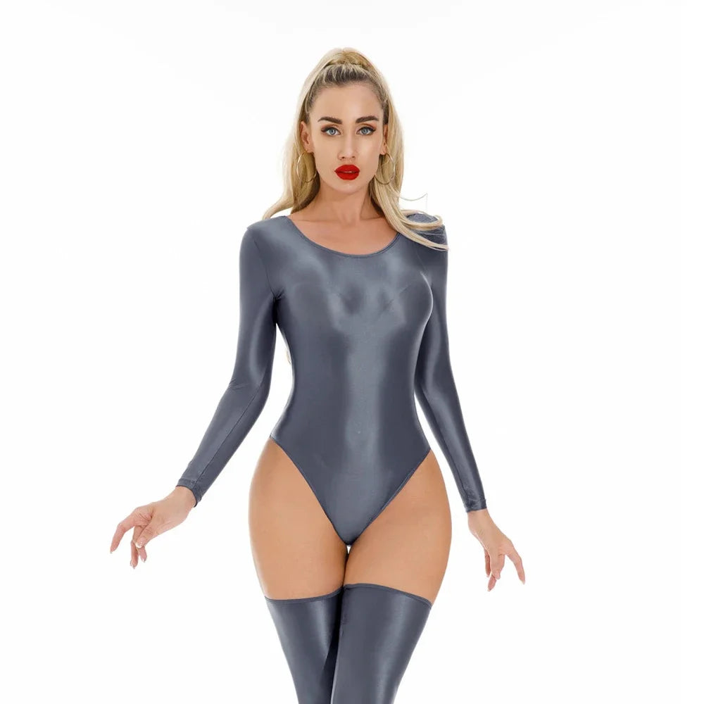 Sexy Women Stain Smooth HIgh Cut Bodysuit Oil Glossy Shiny Elastic Dance Tights Yoga Shaping Leotard One Pieces Thong