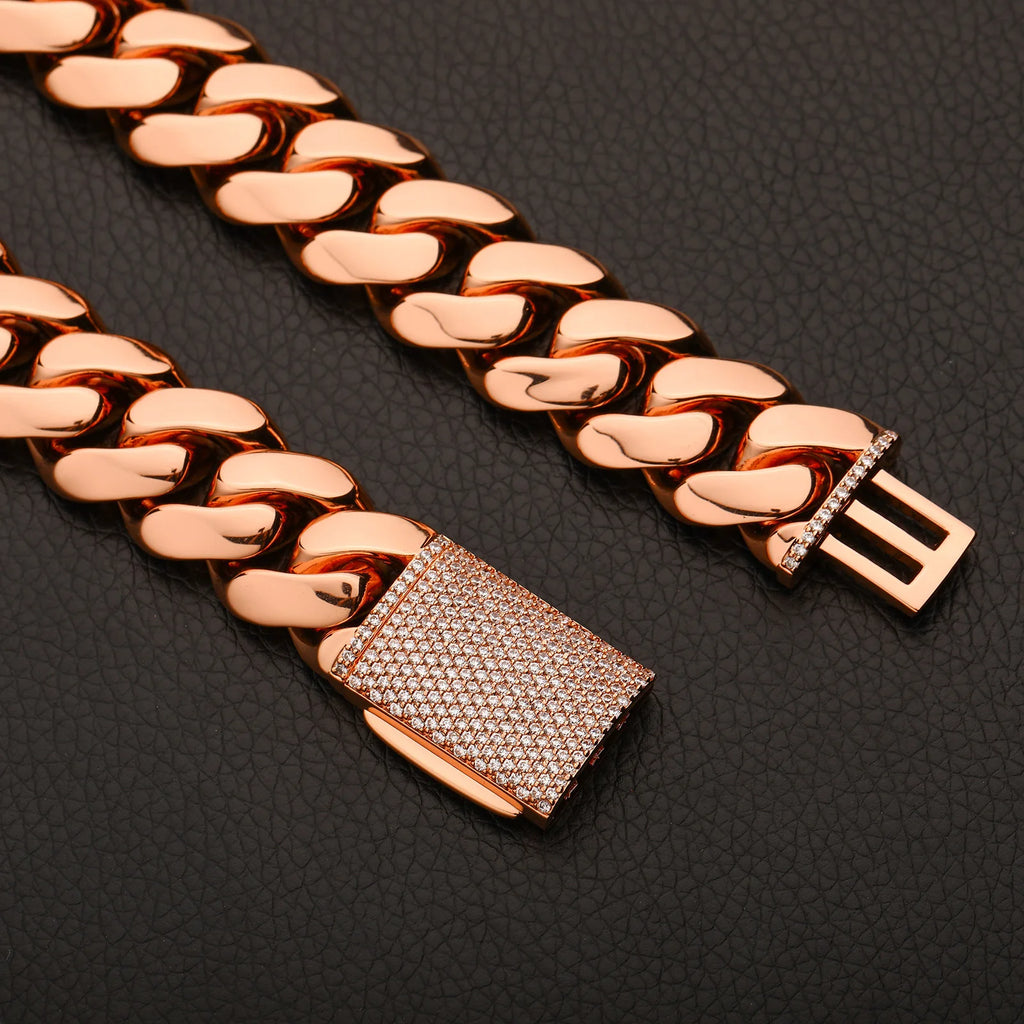 10-25mm Wide Hip Hop Bling Iced Out Round Cuban Miami Link Chain Necklaces for Men Rapper Jewelry Rose Gold Color