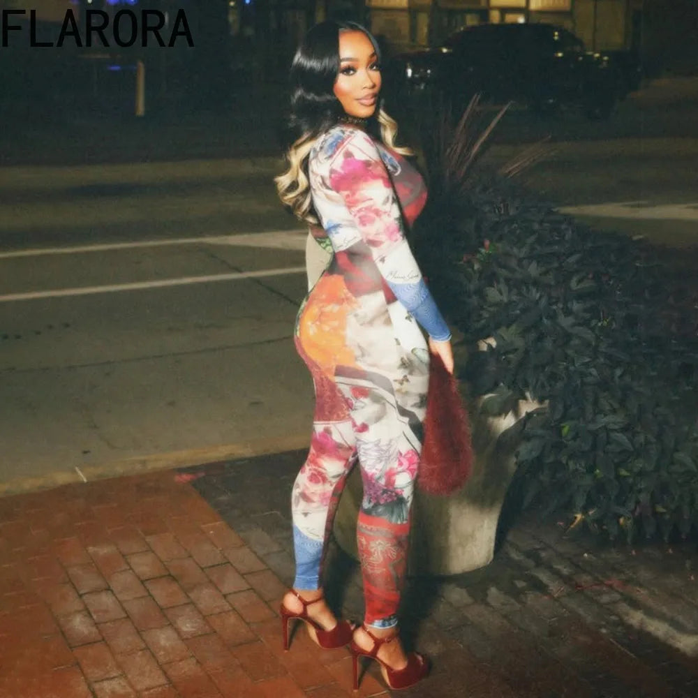 FLARORA Vintage Colorful Print Jumpsuits Woman Round Neck Full Sleeve Skinny Peach Hip Jumpsuit Midnight Street Stretch Overalls