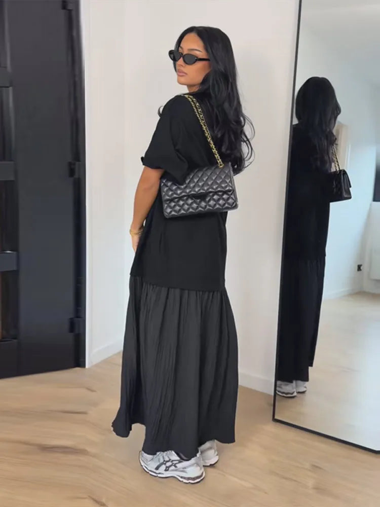Short Sleeve Patchwork Oversized Long Dress Women Elegant O-neck Pleated Loose Party Evening Dresses Summer Casual Lady Vestidos