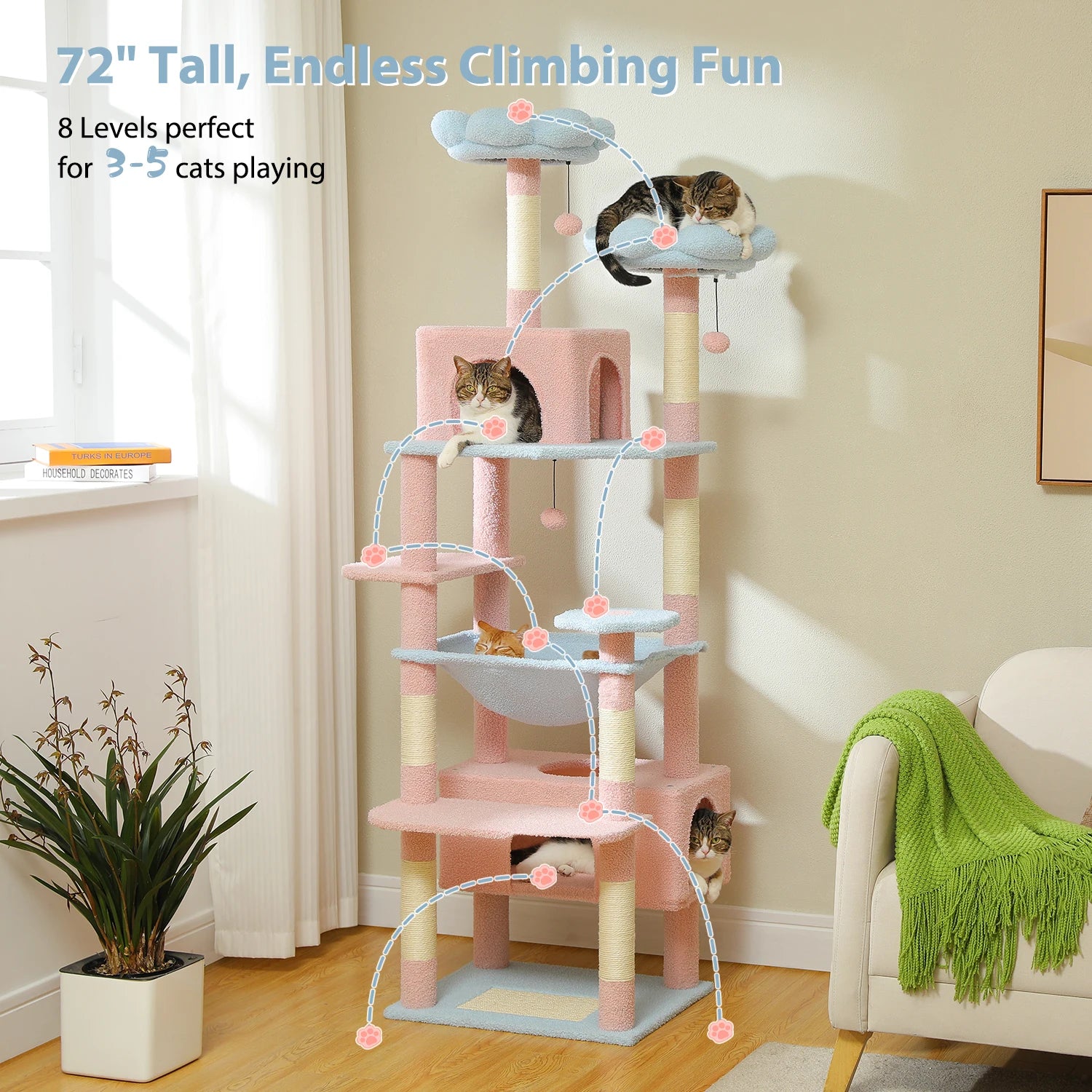 184cm Large Cat Tree Tower for Indoor Cats With Sisal-Covered Scratching Posts Spacious Hammock Padded Perches and Condos Blue