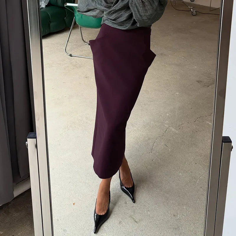 Structured Cut Pocket High Waist Midi Skirt Slim Fit Solid Color 2026 Autumn Fashion Elegant Women Bottom Trendy Chic Lady Skirt