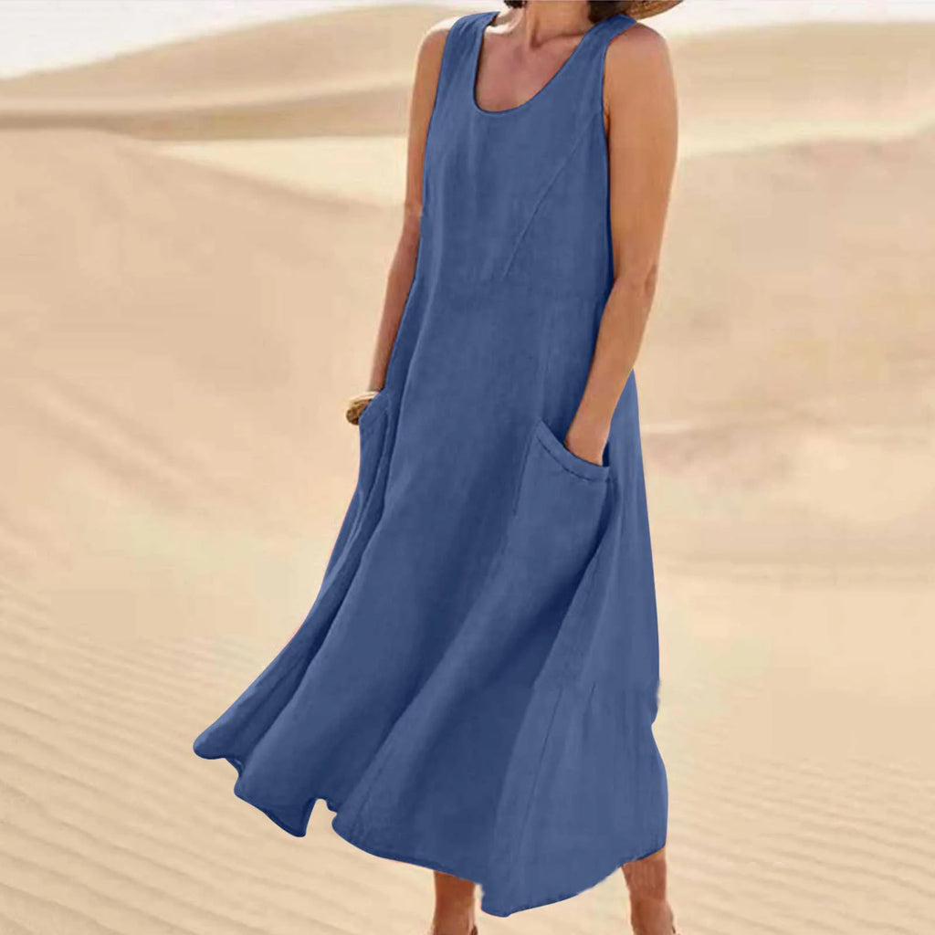 Women Coton Linen Sundress Summer Female Sleeveless Double Big Pocket Loose Sand Beachwear Long Dress Oversized S-5XL LRFZ-818