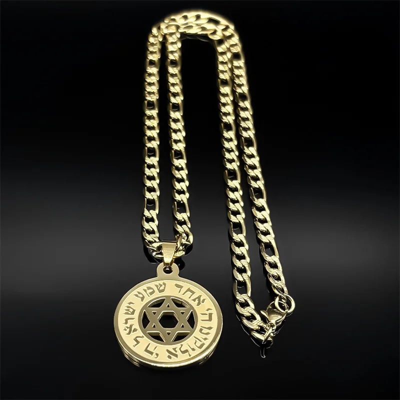 Hebrew Star of David Pendant Necklace for Women Men Stainless Steel Gold Color Jewish Bless Hip Hop Chain Amulet Jewelry Gift