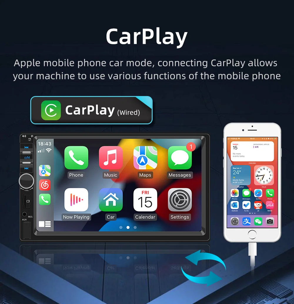 BQCC 7" 2Din/1 Din MP5 Car Player Mirrorlink wired Android AUTO/CarPlay BT AUX  Colorful lights FM Car Radio F7018C