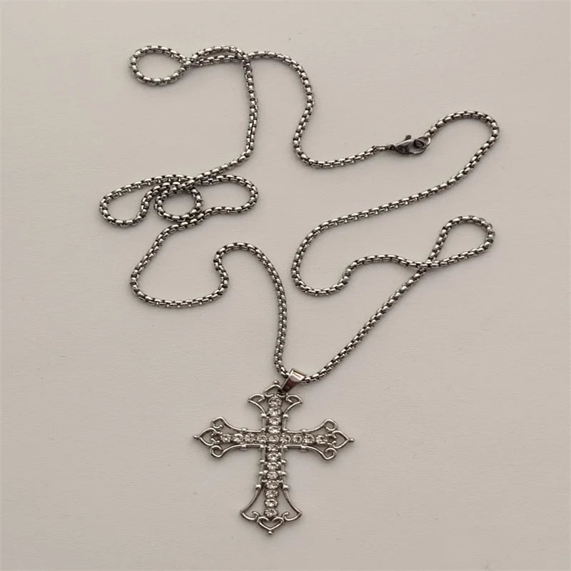 Vintage Cross Pendant Necklace Unisex Versatile Simple Long Sweater Chain Hip Hop Accessory
