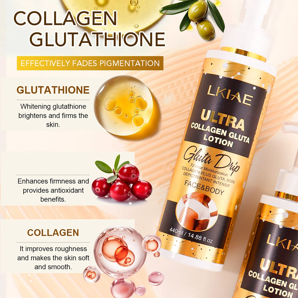 LKIAE Ultra Glutathione and Collagen Body Lotion, Whitening, Moisturizing, Anti Pigmentation, Dark Spots, Even Skin Tone, 440ml