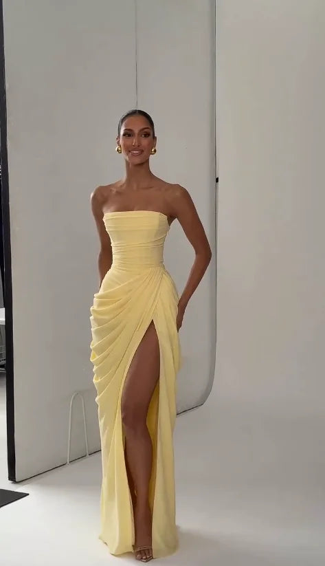 Elegant Solid Strapless Pleated Dress Women Chic Sleeveless Waist Cinching Split Maxi Vestidos 2026 Lady Evening Party Dresses
