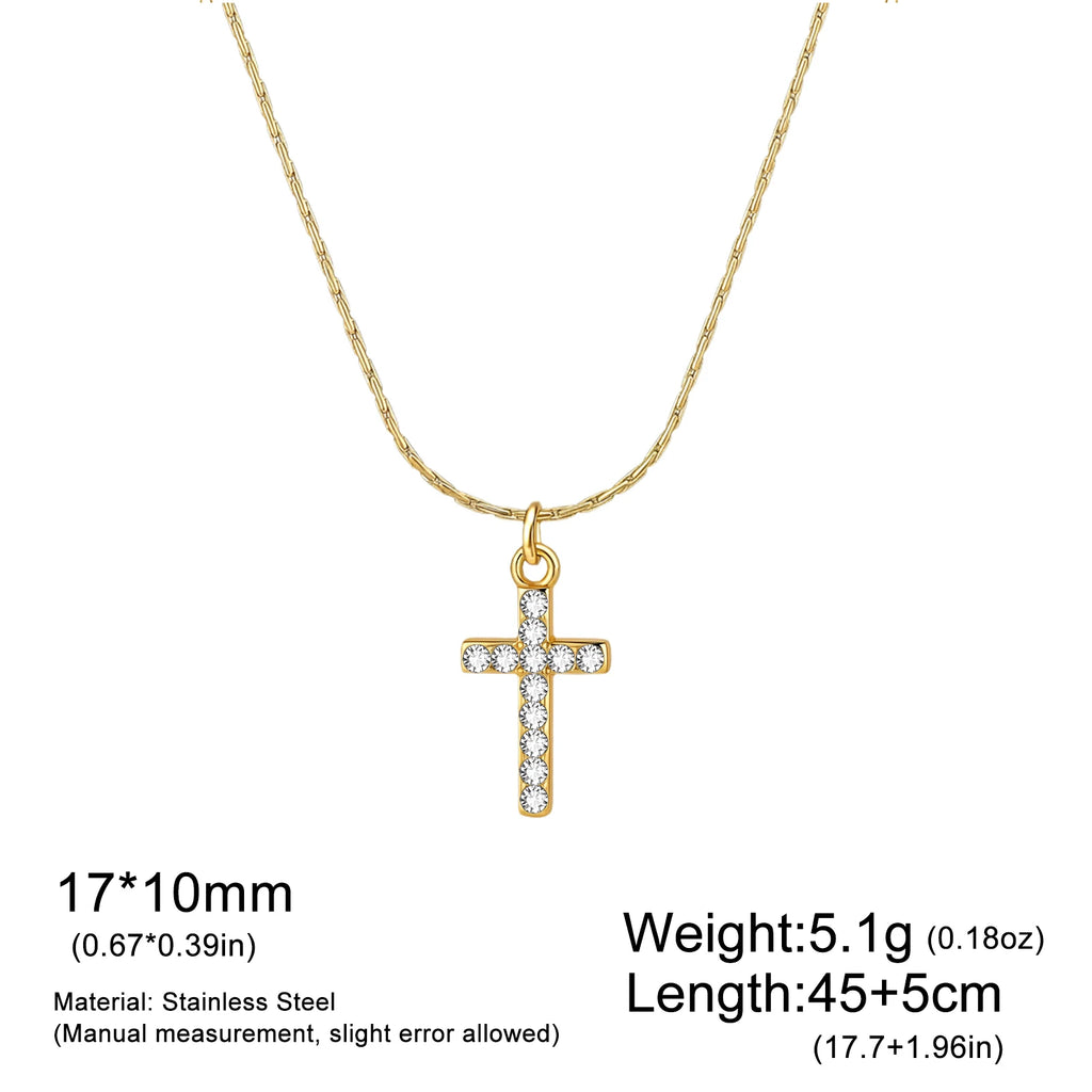 Skyrim Clear Zircon Cross Pendant Necklace Women Gold Plated Stainless Steel Filled Beading Chain Choker Religious Jewelry Gift