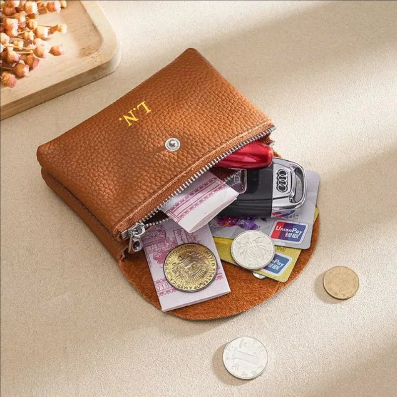 Custom Initials Fashion Women Genuine Leather Short Double Wallet Cute Small Coin Purse Mini Credit Card Holder Key Storage Bag