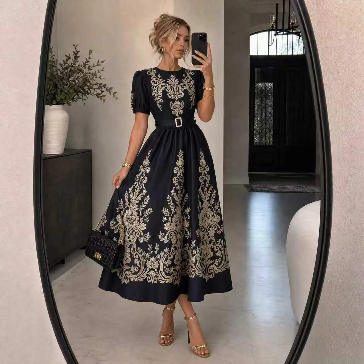 Women Vintage Gold Floral Print Maxi Dress Short Puff Sleeve Belted Elegant Party Long Dress