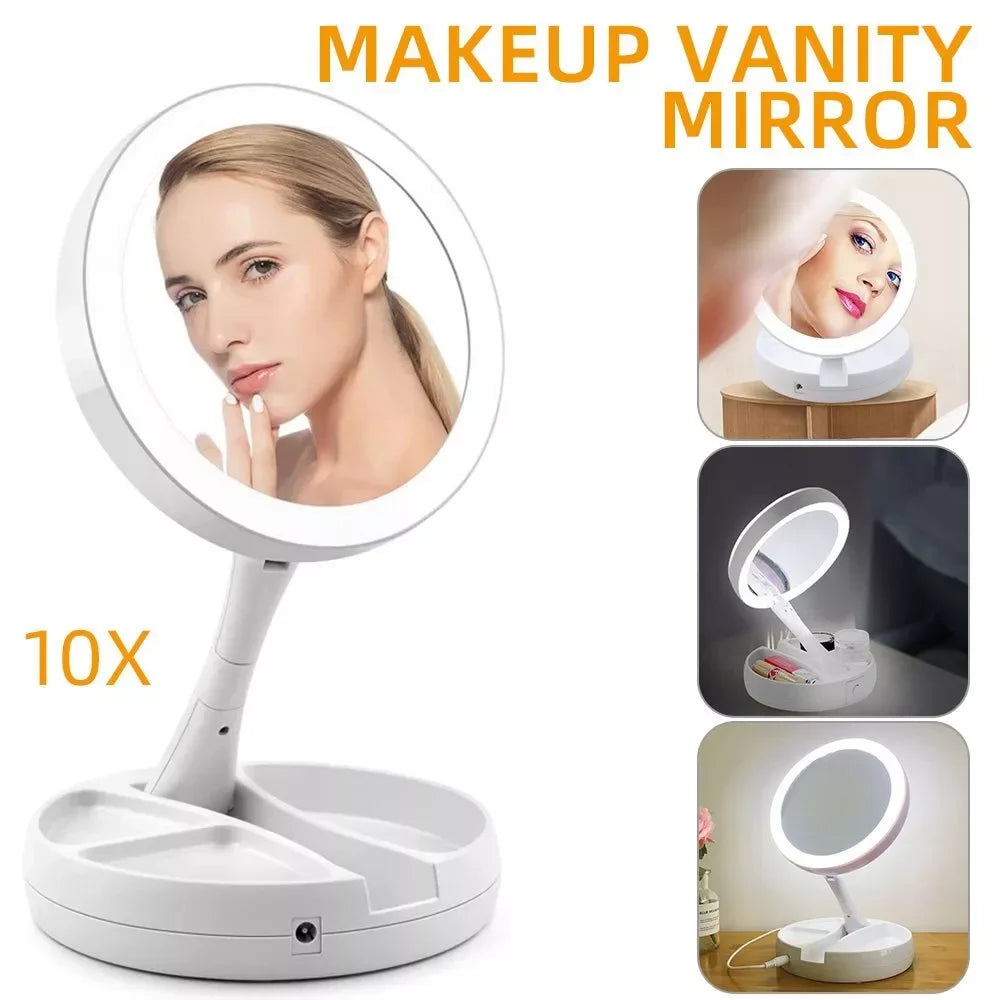 Double-Sided Travel LED Makeup Mirror with 10X Magnification Folding Portable Cosmetic Mirror with Lights Dual Powered Supply