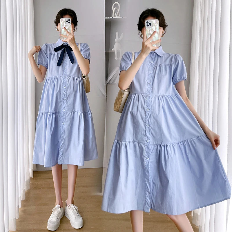 2026 Summer Maternity Shirts Dress Short Sleeve Turn-down Collar Elegant Pregnant Woman Mini Dress with Tie Ribbon Loose Blouses