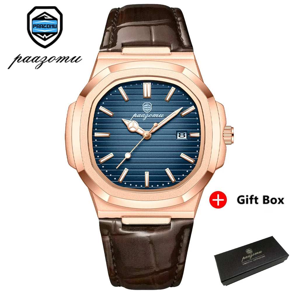 PAAZOMU Top Luxury Square Man Watch Date Waterproof Luminous Men Wristwatch High Quality Leather Men's Quartz Watches+Box Reloj