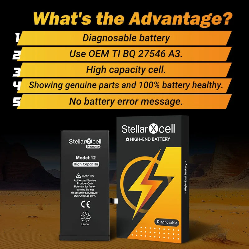 StellarXcell Diagnostic Battery Show Genuine Part No Pop Up Message for iPhone 12mini 13Pro 14Plus 15Promax Battery Replacement
