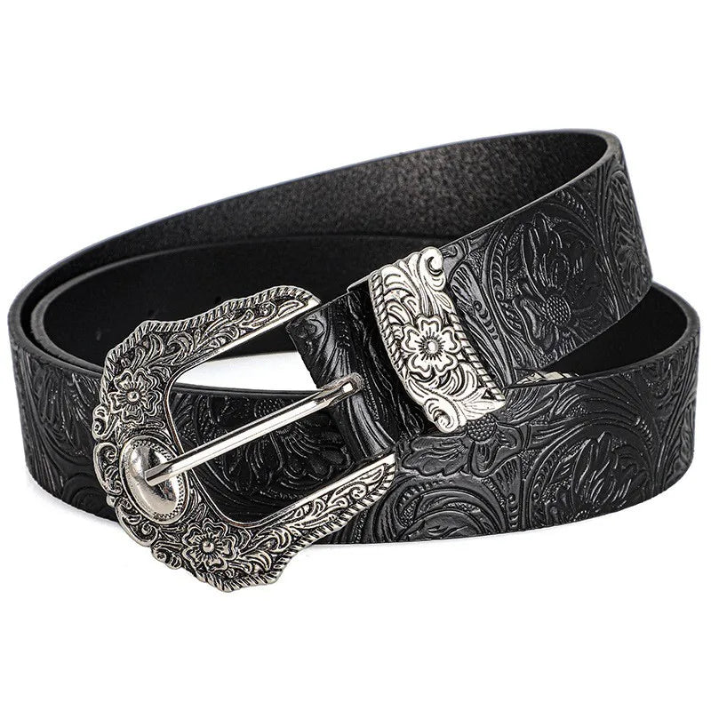 New European and American style women's belt, vintage rhinestone carved buckle belt, trendy printed jeans belt, unisex