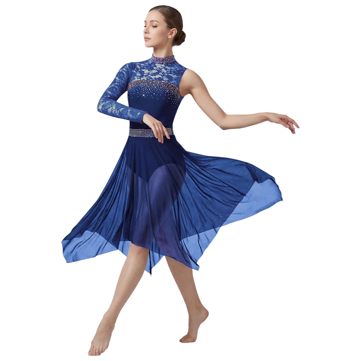 Women Lyrical Figure Skating Dance Dress Rhinestones Ballet Waltz Contemporary Dancewear Floral Lace Long Sleeve Mesh Leotard