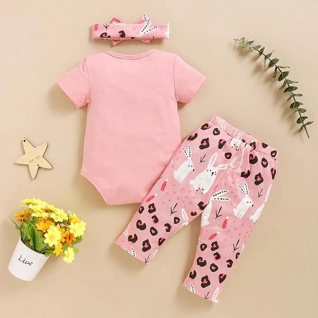 Newborn Baby girl Set Round neck Lovely Rabbit Print Romper+Pants+ Bow Knot 3Pcs 0-18 Month Baby Girl Suit Summer Casual Set