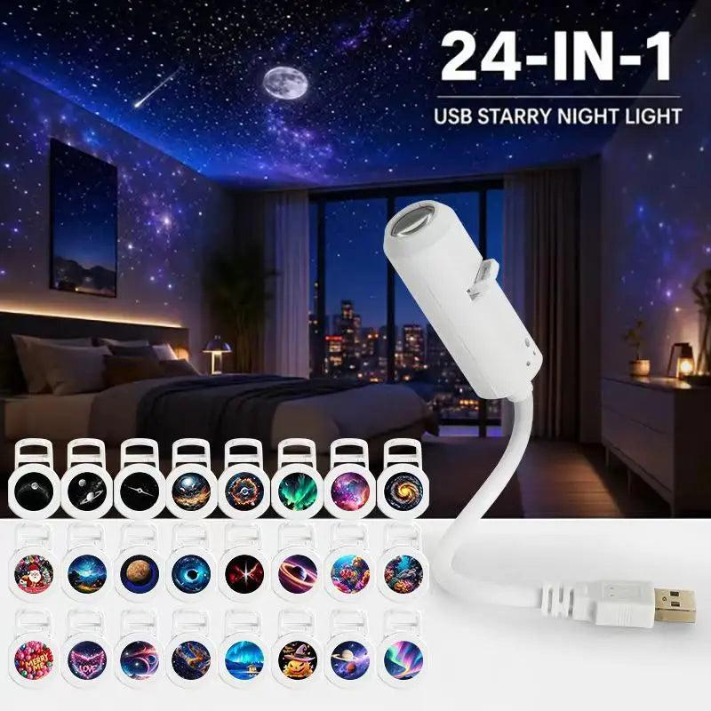 (Ce14)USB Galaxy Projector Night Light 360° Rotate LED Starry Sky Ambient Lamp For Party Home Decoration