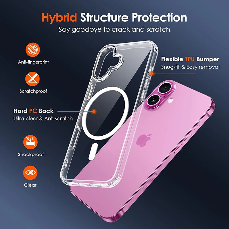 Luxury Magnetic Wireless Charge For Magsafe Case for iPhone 18 17 16 15 14 13 12 Pro Max Plus Mini Back Cover Transparent Case