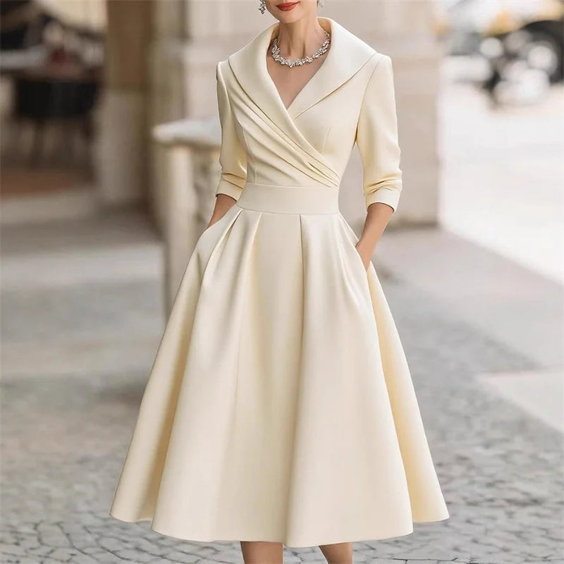2025 Female Elegant Fashion Long Sleeve Temperament Slim Dress Spring Autumn Solid Casual Long Dress Lady Office A-line Dresses
