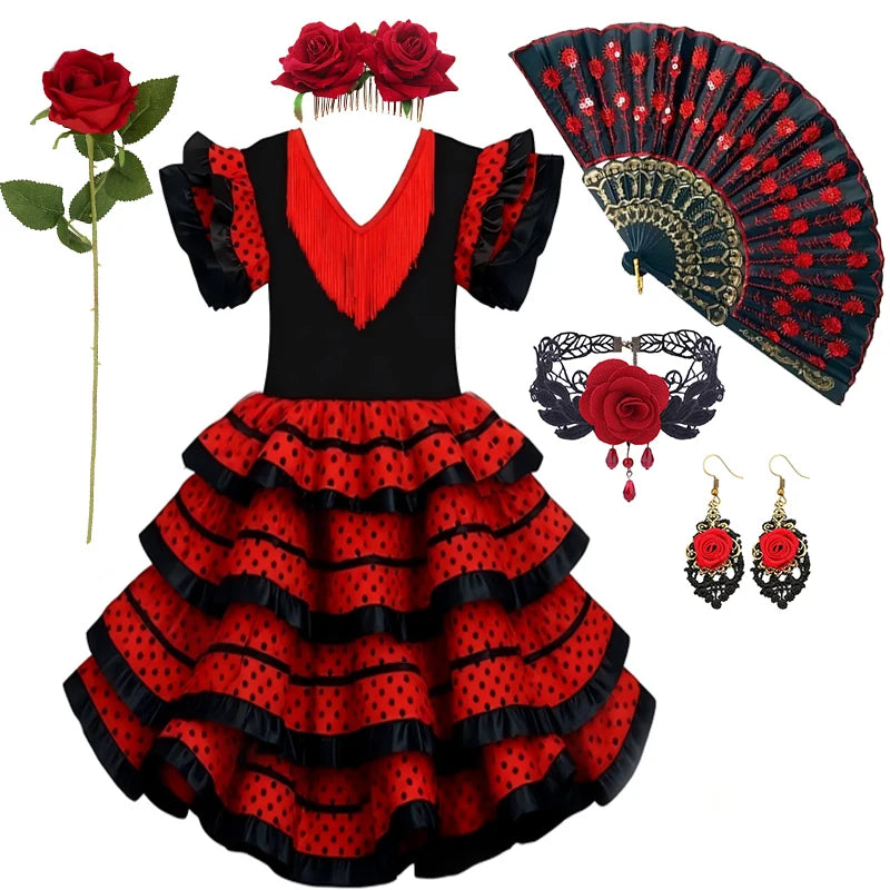 Girls Spanish Flamenco Dress Red Polka Dot Cake Puff Kids Carnival Halloween Party Stage Show Cosplay Festival Dance Costume