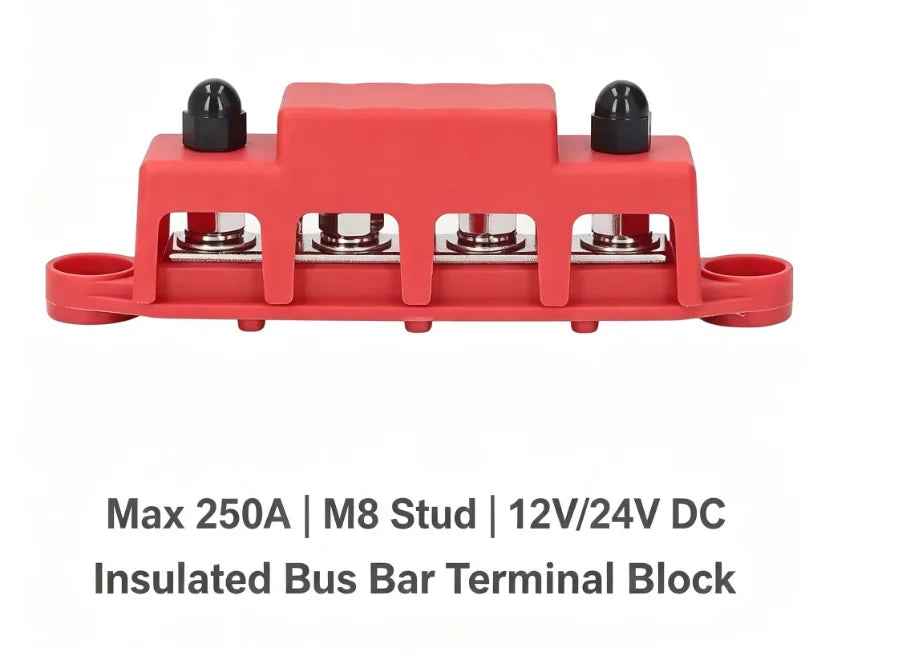 M8 Stud Bus Bar Power Distribution Block with Insulated Cover, Max 250A DC 12V 24V Terminal Block for RV Boat Marine Camper Van